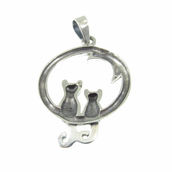Solid 925 Sterling Silver Pair of Cats and Crescent Moon Pendant Cat Lady Gift - Picture 8 of 8